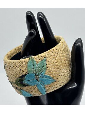 Vintage Raffia Straw Wide Cuff Bangle Bracelet Embroidered Floral Blue and Green